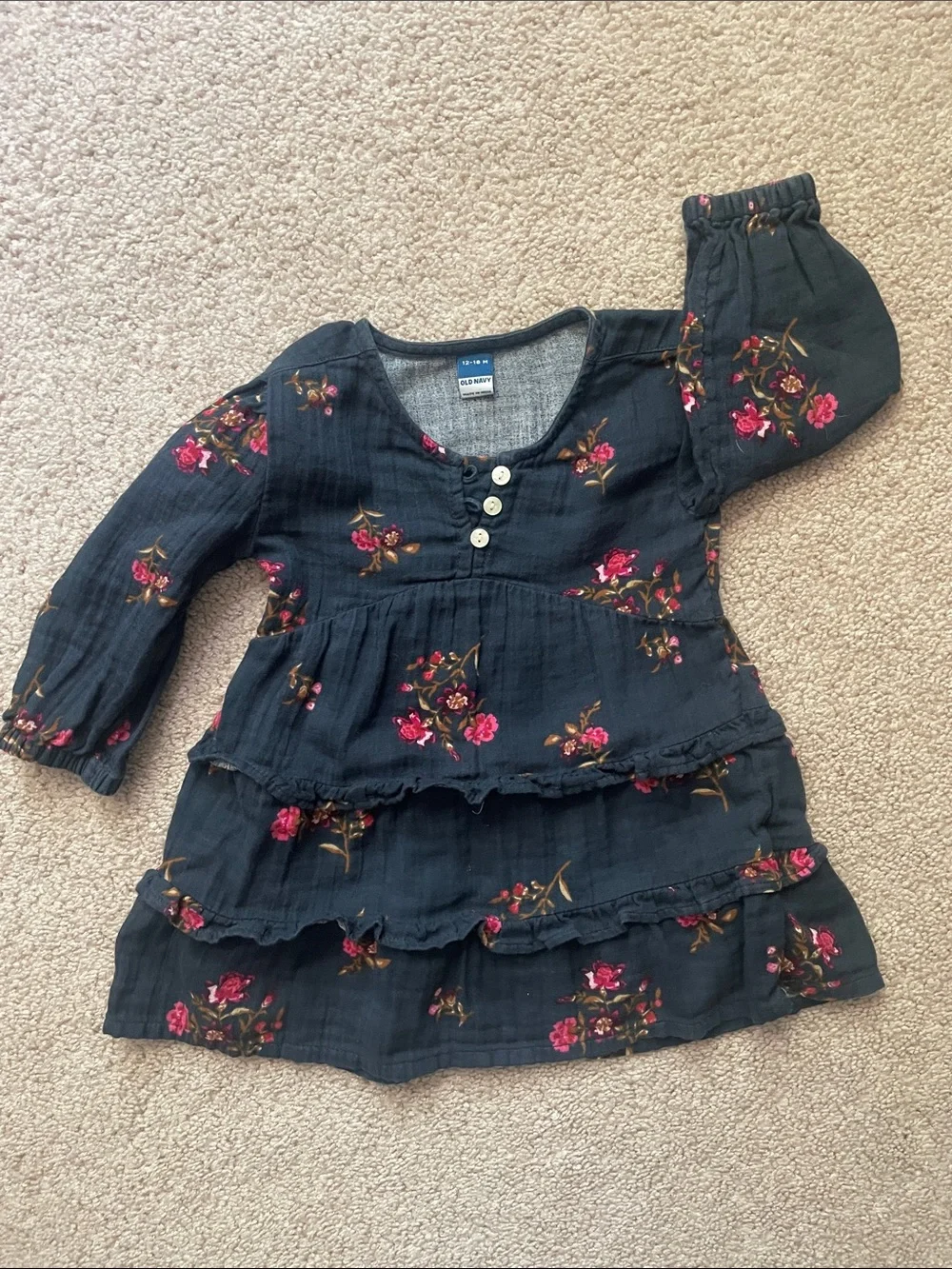 Old Navy Black Floral Tiered Peasant Dress with Pink Roses